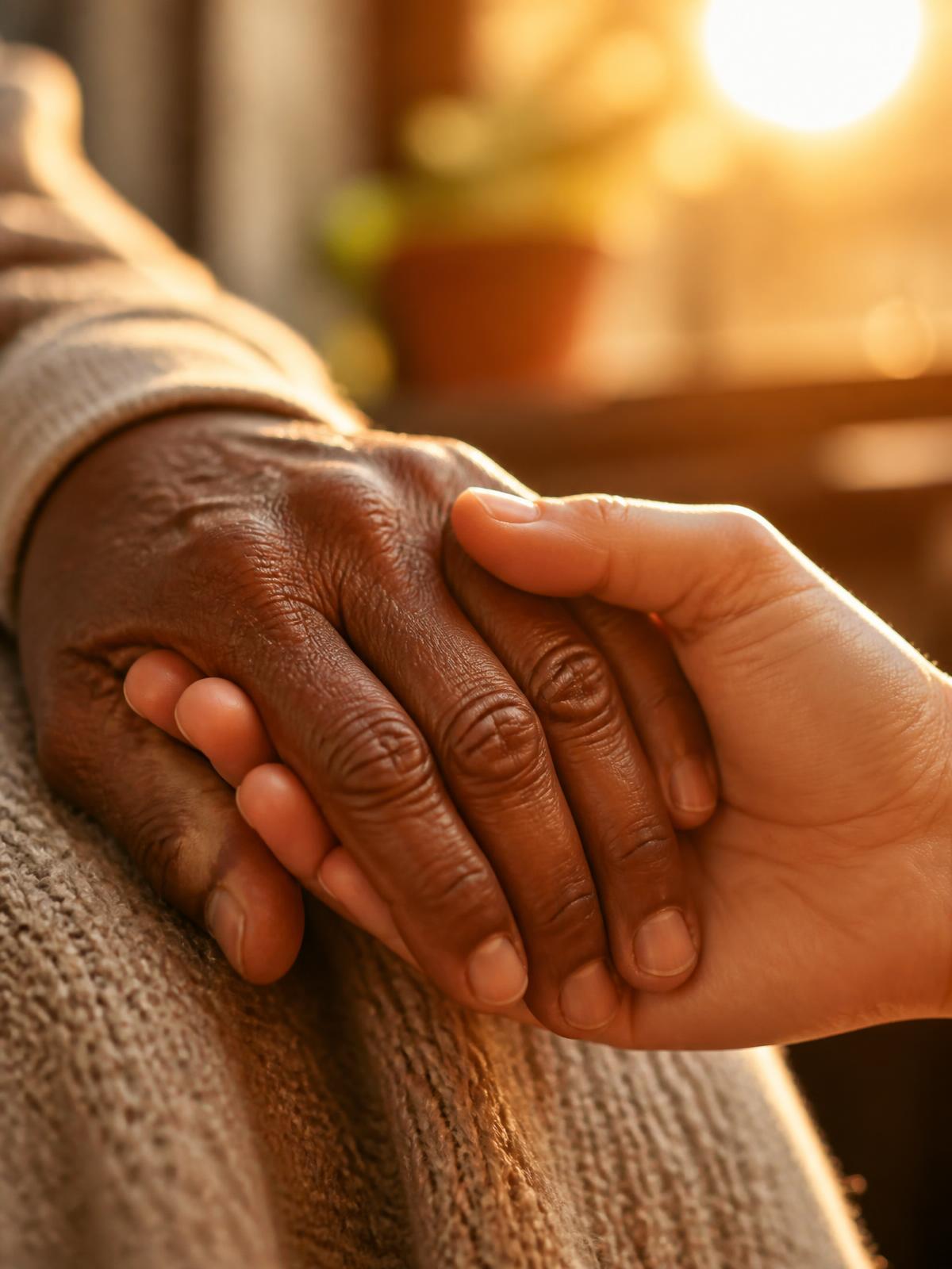 A caregiver gently holding an older Black adult's hand in warm golden light
