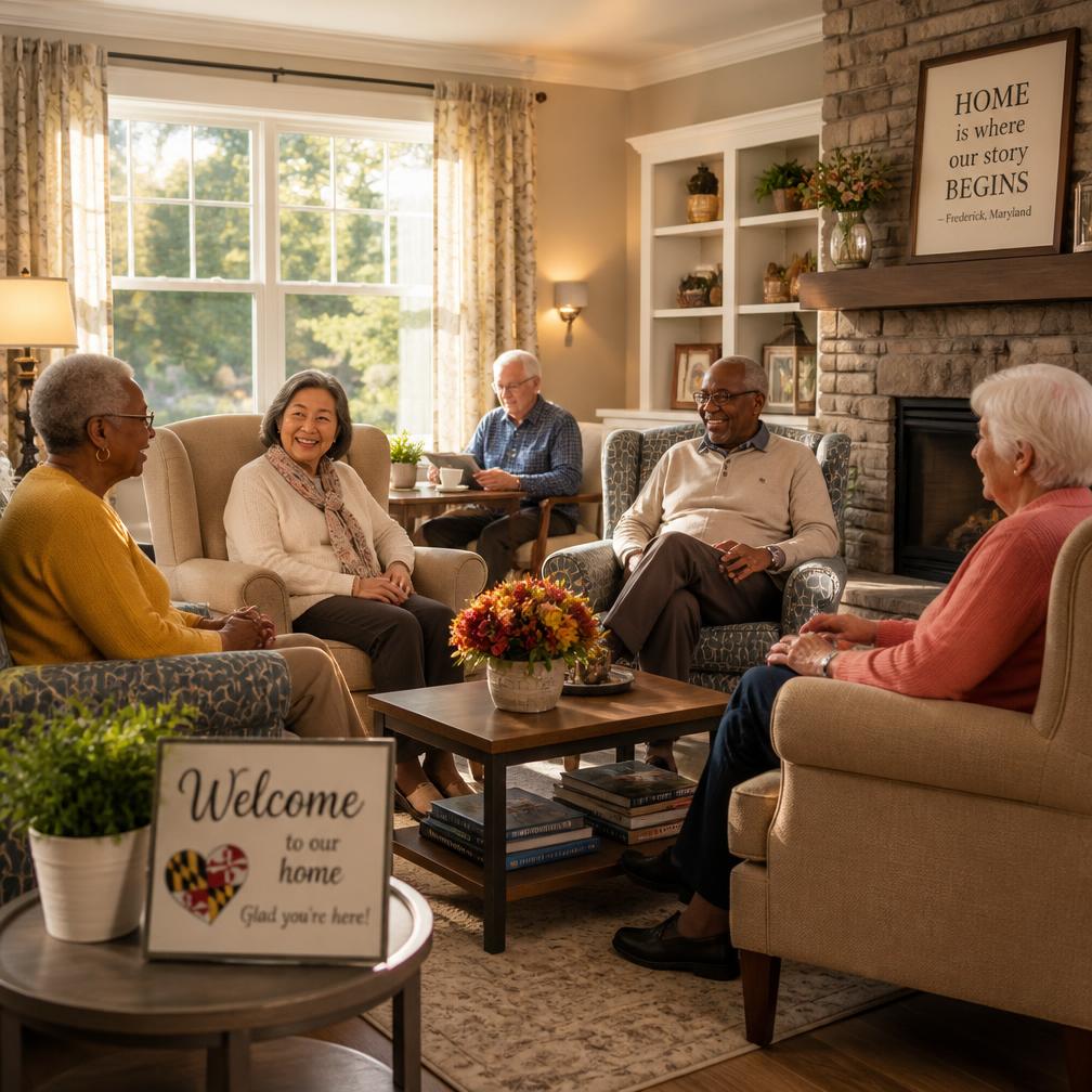 Diverse residents gathered in the warm sunlit parlor at HerLegacy Assisted Living